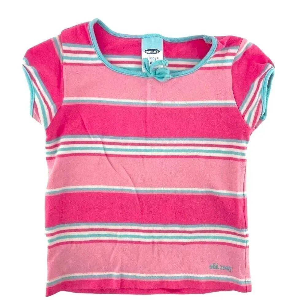 Vintage Old Navy Toddler Girls Tee – Pink & Blue Striped, Size 3T